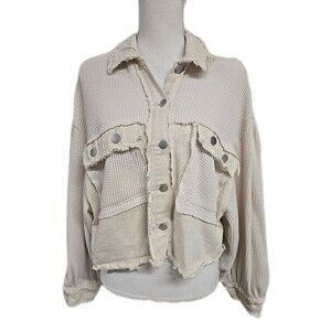 Vici Cropped Waffle Knit Denim Shacket Raw Hem Pockets Beige Women’s Size XS